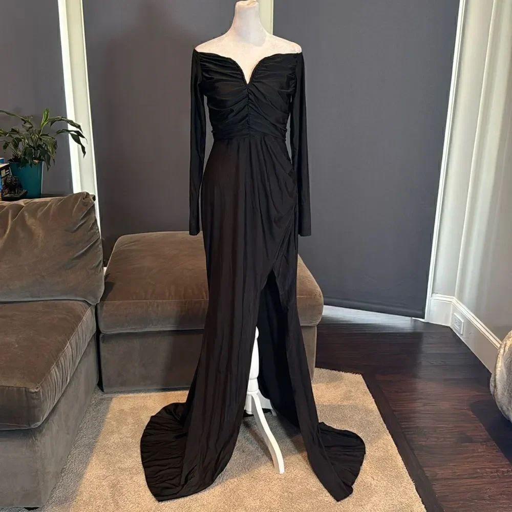 Women’s Black Long Sleeve Off the Shoulder BodyCon Dress Long Leg Slit Size L